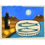 Mary Fedden (1915-2012) British, Still life with fish on a platter, lemons and a bottle,