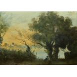 Follower of Corot, figure resting beneath a tree, oil on canvas, indistinctly signed, 5.5" x 7.5".