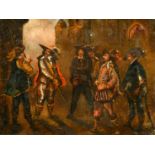 19th Century Continental School, a scene of cavaliers preparing for a duel, oil on canvas, 10.5" x