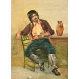 19th Century, A seated man playing cards, watercolour, initialled, 13.75" x 10", (unframed).