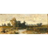 Feszty Arpad (1856-1914) Hungarian, a sketch of a river landscape, oil on board, signed verso, 4.75"
