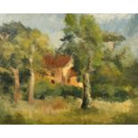 Attributed to Nancy Ewart, A view through the trees to the house, oil on canvas, 20" x 24".