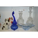 Two Staffordshire dogs and various glassware.