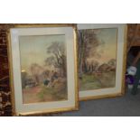 Rural scenes with figures and animals, watercolours, a pair.