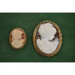Two 9ct gold hallmarked mounted cameo brooches.