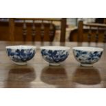 Three Chinese blue and white decorated tea bowls.