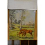 A Mare and Foal in a Field oil on canvas, unframed.
