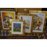 A colourful painting depicting figures doing the tango and three other pictures similarly framed.