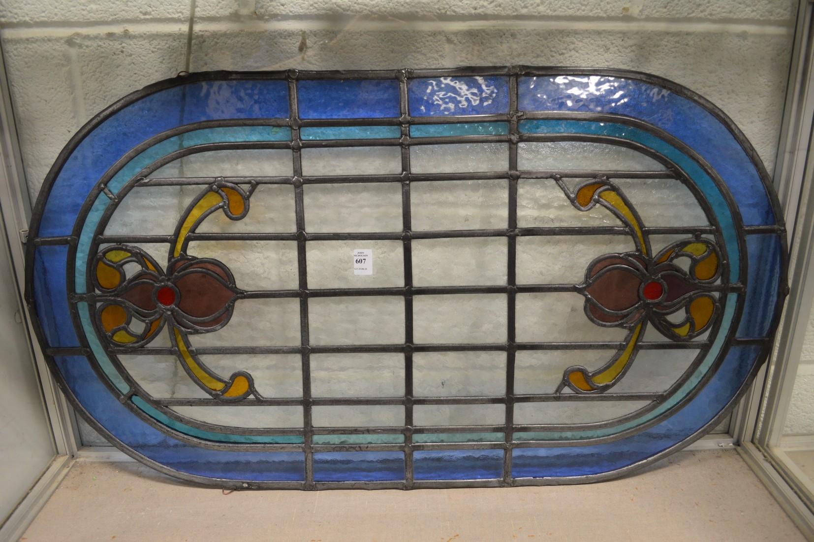 A leaded stained glass panel.