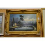 A river scene with a figure on a path, oil on board in a decorative gilt frame.