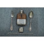 A silver vesta case, a hip flask and other items.