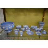 A quantity of Wedgwood pale blue Jasperware china to include a large bowl, trinket boxes etc.