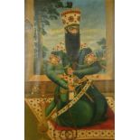 A PORTRAIT OF FATH ALI SHA, THE KING OF PERSIA kneeling upon a carpet holding a huqqa pipe in one