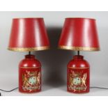 A PAIR OF RED PAINTED TOLE WARE TEA CANISTER STYLE LAMPS with shades. 28.5ins high overall.