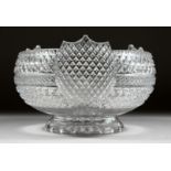 A VERY GOOD CUT GLASS SHIELD SHAPED CIRCULAR BOWL with star cut base. 9ins diameter.