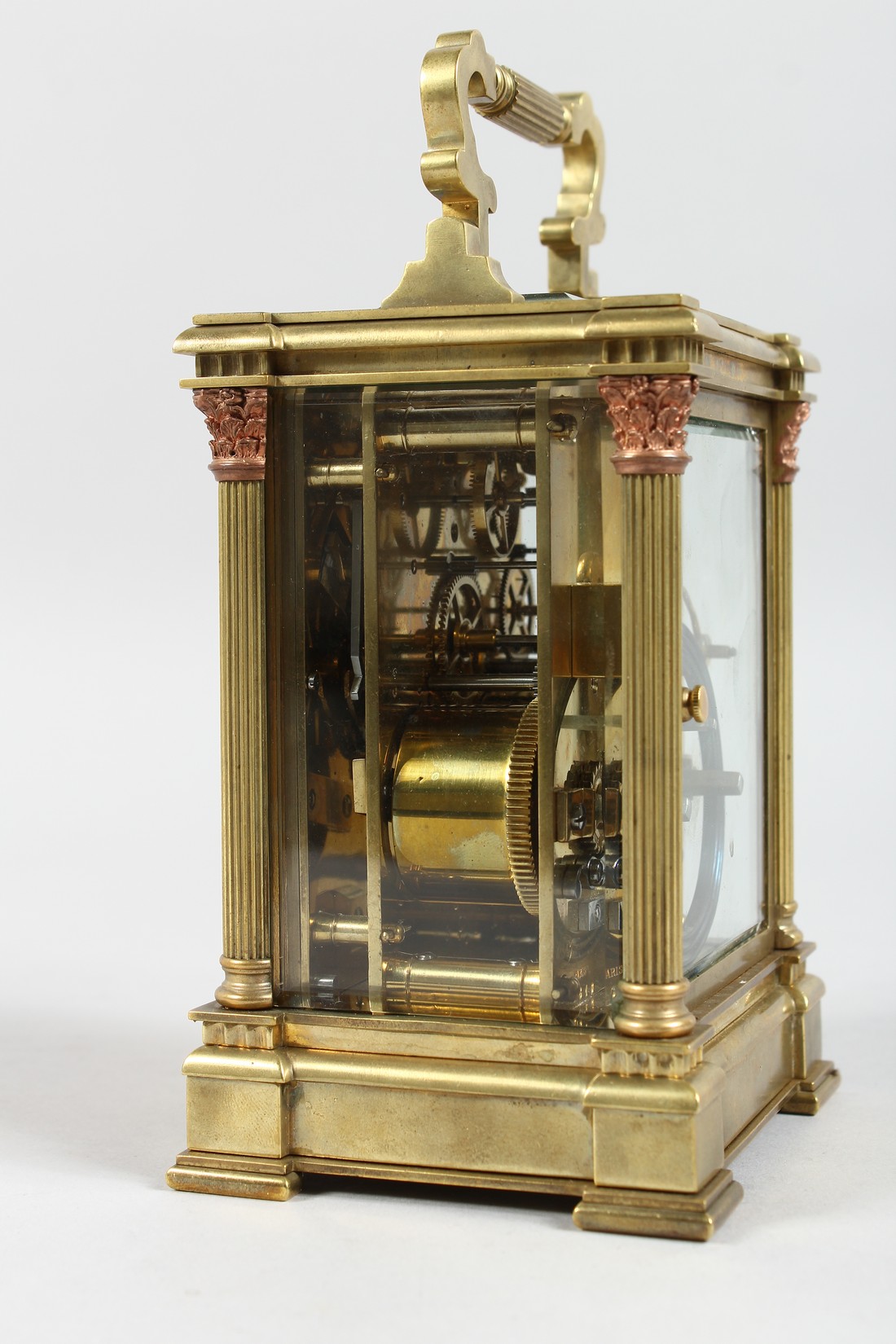 A GOOD GOLDSMITHS & SILVERSMITHS BRASS CARRIAGE CLOCK with repeat action and column supports. 6ins - Image 8 of 9