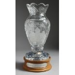 A SUPERB BOHEMIAN CUT CRYSTAL VASE on a wooden stand, in celebration of Her Majesty Queen Elizabeth,