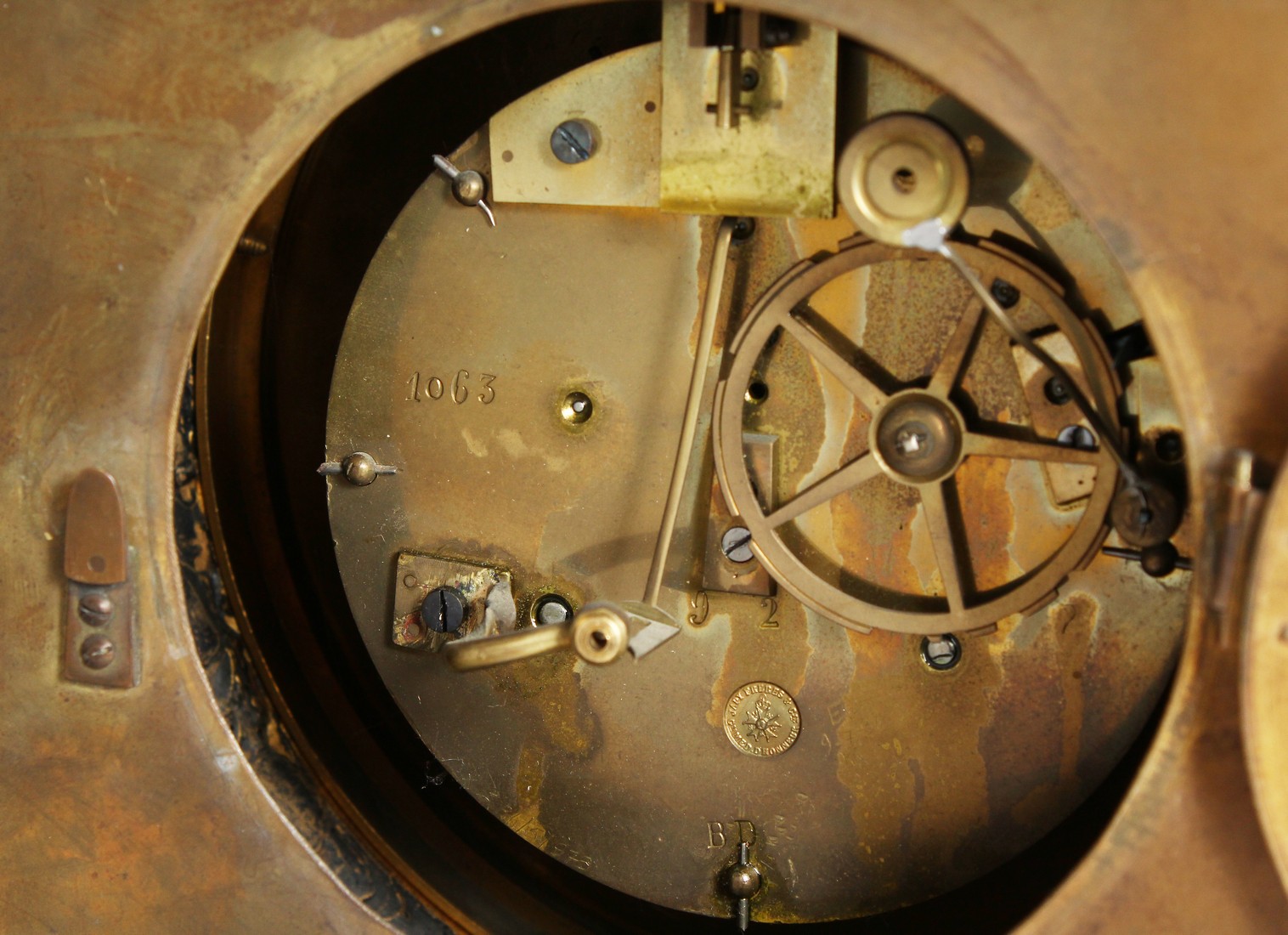 A 19TH CENTURY FRENCH ORMOLU CARTEL CLOCK with eight day movement, enameled dial with Roman numerals - Image 4 of 6