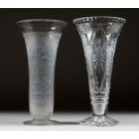 TWO CUT GLASS TAPERING FLOWER VASES. 12ins high.