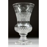 A GOOD THISTLE SHAPED VASE. hobnail cut with garlands, 12ins high.