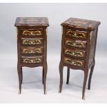 A PAIR OF FRENCH STYLE MARQUETRY INLAID FOUR DRAWER BEDSIDE CHESTS ON CURVING LEGS. 2ft 7ins high