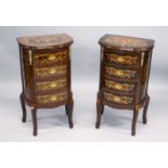 A PAIR OF FRENCH STYLE MARQUETRY INLAID DEMI-LUNE FOUR DRAWER BEDSIDE CHESTS on curving legs. 2ft