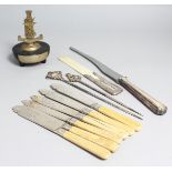 A SILVER PLATED BREAD KNIFE, TWO SKEWERS, FIVE SILVER BLADED FISH KNIVES, A SILVER HANDLED IVORY