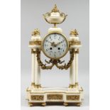 A GOOD 19TH CENTURY FRENCH WHITE MARBLE AND ORMOLU PORTICO MANTLE CLOCK with a brass drum shape