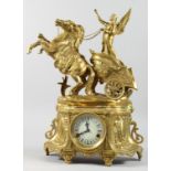 AN IMPRESSIVE VICTORIAN STYLE GILT BRONZE MANTLE CLOCK the case surrounded with a horse and
