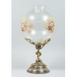 AN UNUSUAL SILVER PLATED ORMOLU AND GLASS PEDESTAL BOWL, the bowl decorated with flowers on a