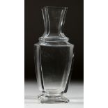 A BACCARAT SQUARE GLASS VASE. Printed mark, 10ins high.