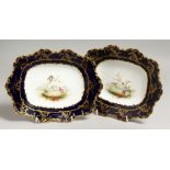A ROYAL CROWN DERBY FINE PAIR OF SHAPED DISHES painted with birds in a landscape by Chas. Harris.