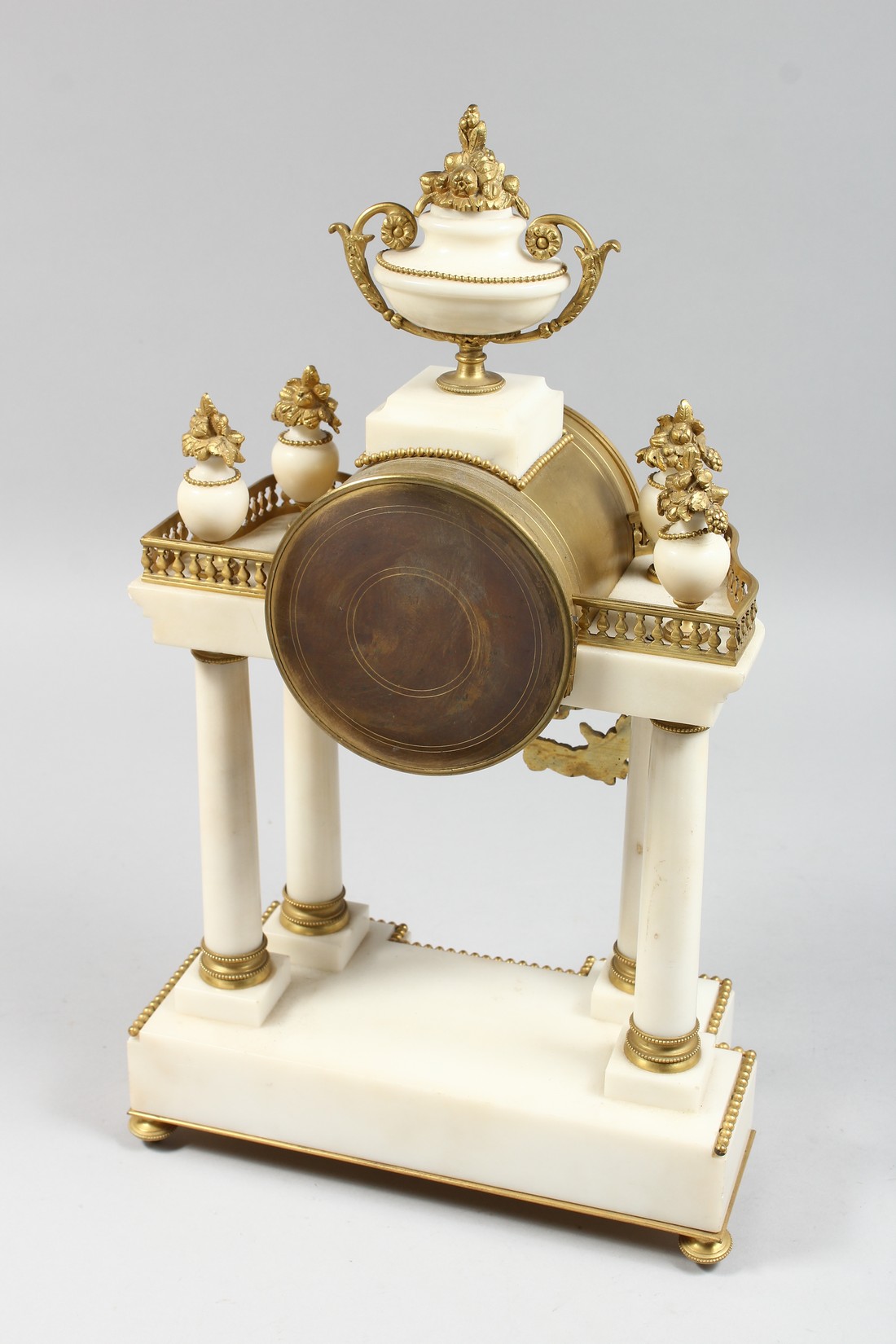 A GOOD 19TH CENTURY FRENCH WHITE MARBLE AND ORMOLU PORTICO MANTLE CLOCK with a brass drum shape - Image 3 of 4