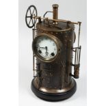 AN INDUSTRIAL STYLE BRONZE CLOCK with white enamel dial on a marble base. 16ins high.