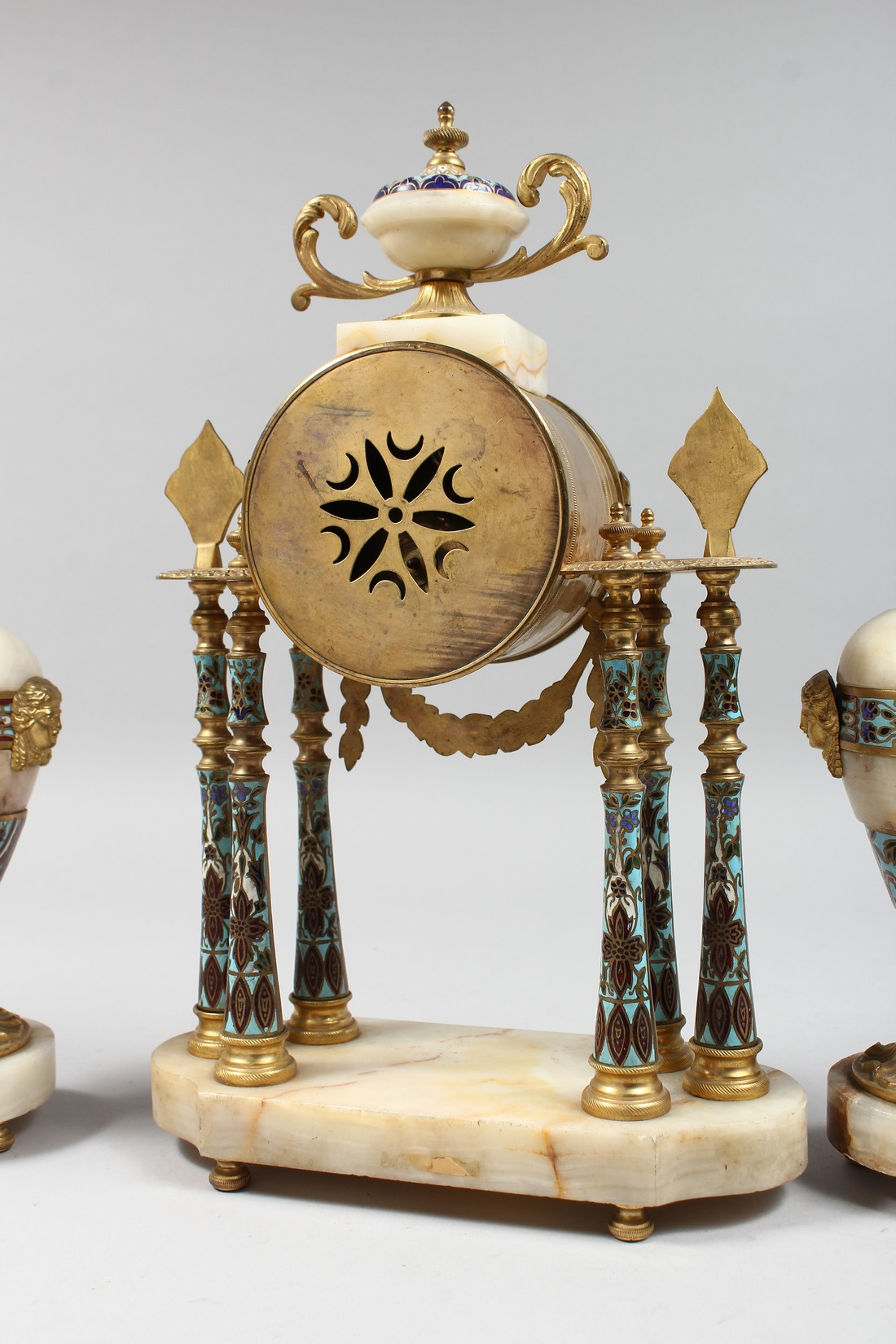 A 19TH CENTURY FRENCH MARBLE ORMOLU AND CHAMPLEVE ENAMEL CLOCK GARNITURE, the clock with eight day - Image 2 of 3