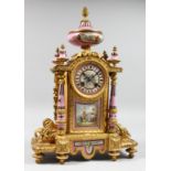 A GOOD 19TH CENTURY FRENCH ORMOLU AND PORCELAIN MANTLE CLOCK with eight day movement striking on a