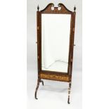 A GOOD EDWARDIAN MAHOGANY AND INLAID CHEVAL MIRROR, the mirror with broken arch pediment,