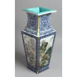 A GOOD LARGE CHINESE TAPERING SQUARE VASE each side painted with a landscape. 17.5ins high.