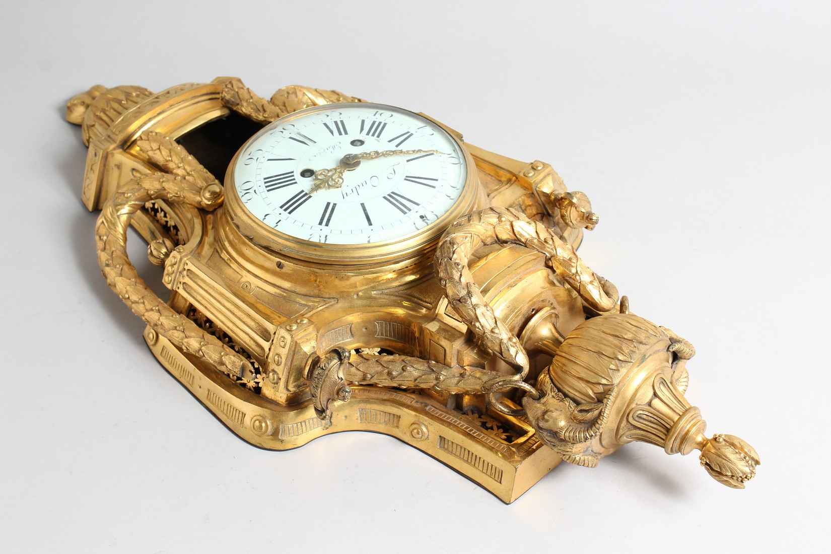 A 19TH CENTURY FRENCH ORMOLU CARTEL CLOCK with eight day movement, enameled dial with Roman numerals - Image 2 of 6