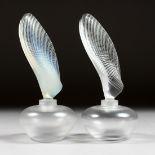 TWO LALIQUE SCENT BOTTLES AND STOPPERS Etched Lalique, France, 6.5ins high.