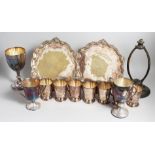 THREE PLATED ENGRAVED CHALLENGE CUPS, A PAIR OF SILVER PLATED SALVERS, 8ins diameter and SEVEN SMALL