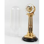 AN UNUSUAL BRASS COLUMN CLOCK with enamel dial, large spring driven movement, under a glass dome.