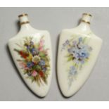 A 19TH CENTURY ROYAL WORCESTER PAIR OF SCENT BOTTLES painted with flowers, one with gold mark