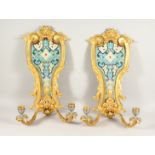 A SUPERB PAIR OF FRENCH, ORMOLU AND ENAMEL TWO LIGHT WALL SCONCES WITH ACANTHUS AND SCROLLS 22ins