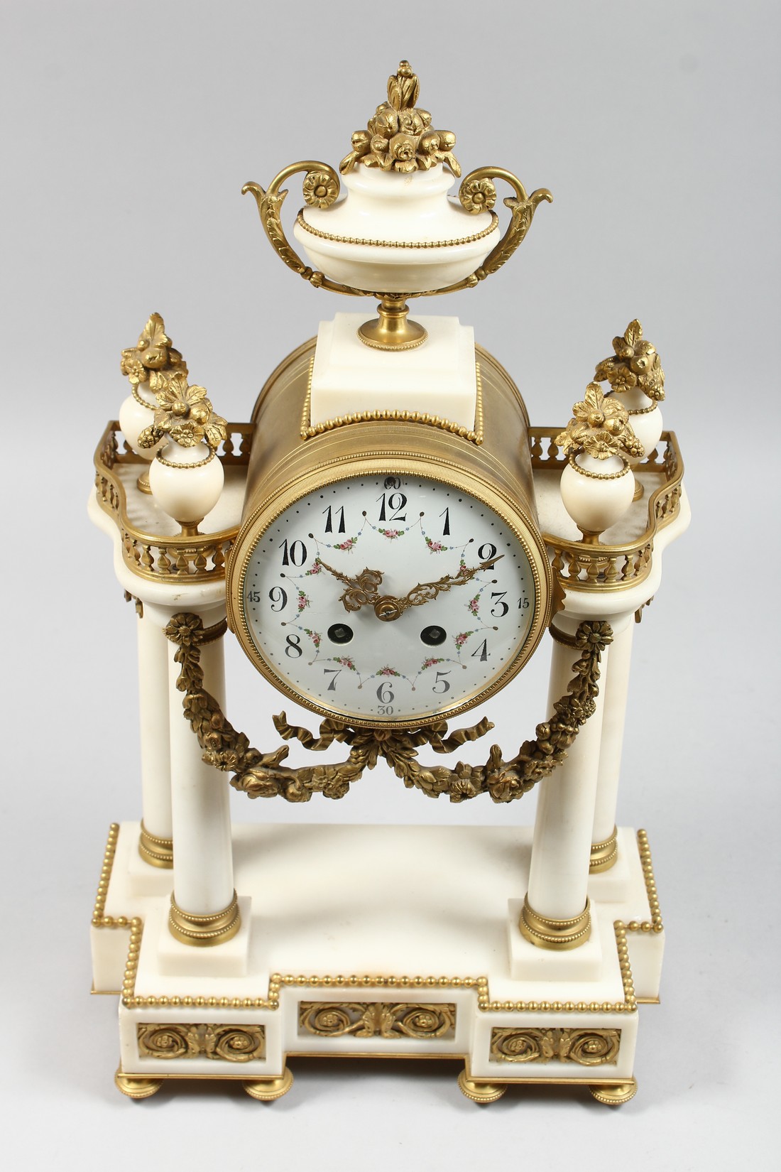 A GOOD 19TH CENTURY FRENCH WHITE MARBLE AND ORMOLU PORTICO MANTLE CLOCK with a brass drum shape - Image 2 of 4