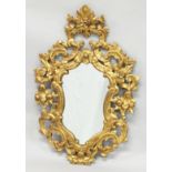 AN 18TH / 19TH CENTURY ITALIAN FLORENTINE GILT WOOD MIRROR of shield shape, with pierced and