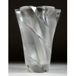 A VERY HEAVY LALIQUE FROSTED TAPERING HEXAGONAL SHAPED VASE. Etched Lalique, France. 10ins high.