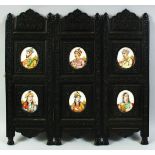 A SUPERB INDIAN SET OF SIX OVAL MINIATURE PAINTED PORTRAITS in a carved and ebonised wooden