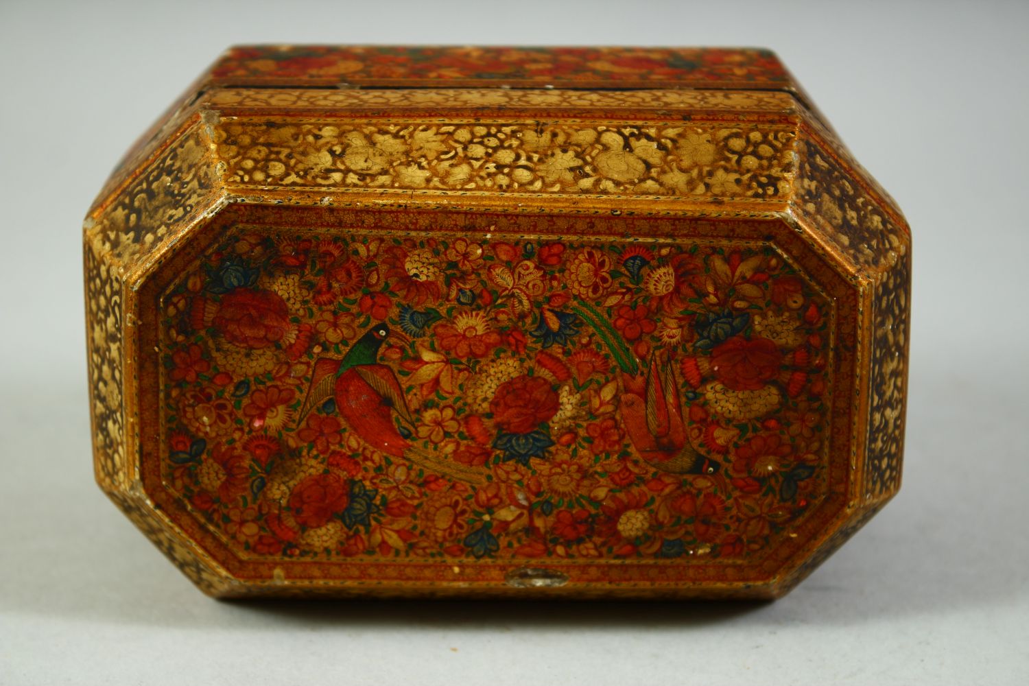 A FINE 19TH CENTURY KASHMIRI LACQUERED PAPIER MACHE LIDDED BOX, decorated with birds and flora, 13. - Image 5 of 7