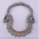 A RARE 12TH CENTURY CAMBODIAN KHMER BRONZE PALANQUIN LARGE RING, 19.5cm x 18cm.